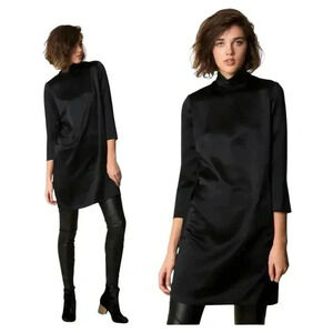 Vince Women's Black Mockneck Silk Shift Dress Size Small 3/4 Sleeve Formal